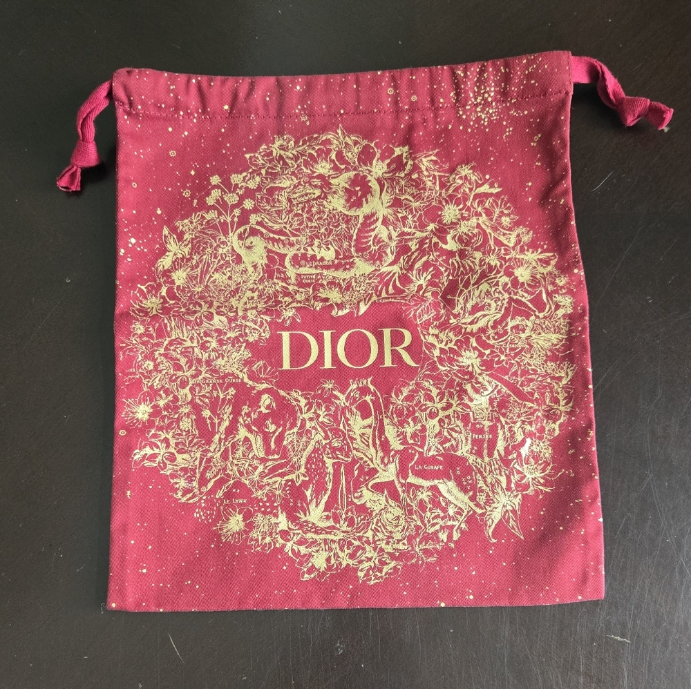 Red and Gold Dior Drawstring Cosmetic Pouch